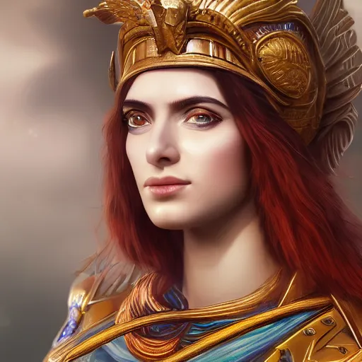 Image similar to highly detailed close up portrait of Athene, goddess of strategic war and wisdom, cinematic lightning, bright colors, intricate, masterpiece, photorealistic, hiperrealistic, sharp focus, high contrast, Artstation HQ, DeviantArt trending, 4k UHD, Unreal Engine 5