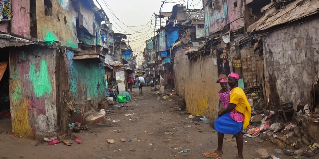 Prompt: lUFO in Ajegunle slums of lagos beaming neon rays of light,