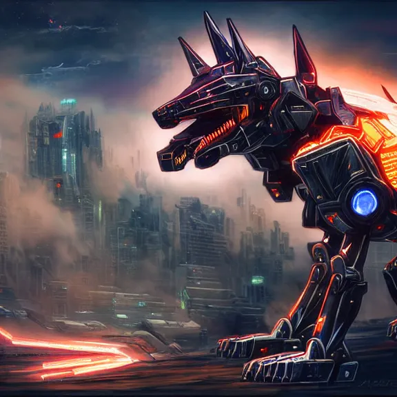 Image similar to hyper realistic, epic, highly detailed cinematic full body shot of a feral mecha canine, sharp claws, sleek armor, glowing visor, destroying city, digital art, furry art, dragon art, zoids art, furaffinity, deviantart, sofurry