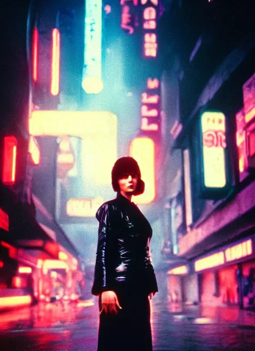 Prompt: A hyper realistic and detailed head portrait photography of a Rachael of Blade Runner on a futuristic street. by Annie Leibovitz. Neo noir style. Cinematic. neon lights glow in the background. Cinestill 800T film. Lens flare. Helios 44m