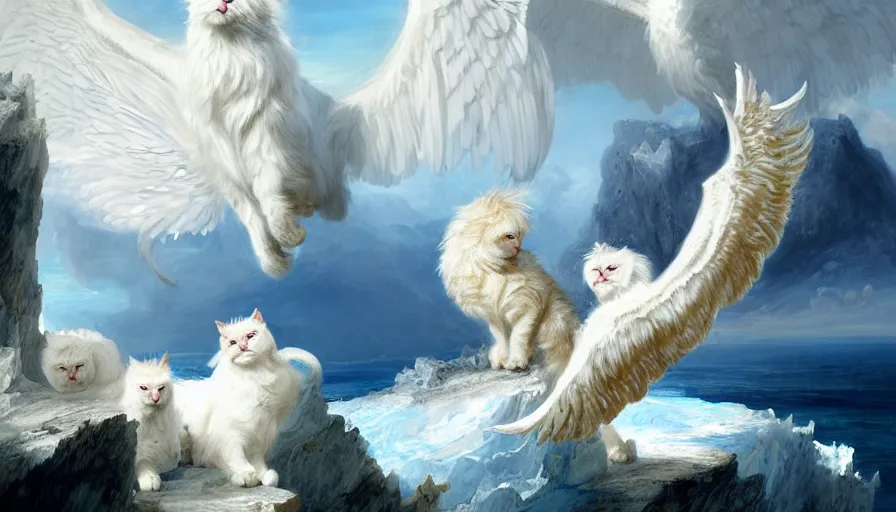 Image similar to highly detailed painting of white giant griffon cat bears with large feathered wings on a blue and white iceberg by william turner, by greg rutkowski, by william constable, thick brush strokes and visible paint layers, 4 k resolution