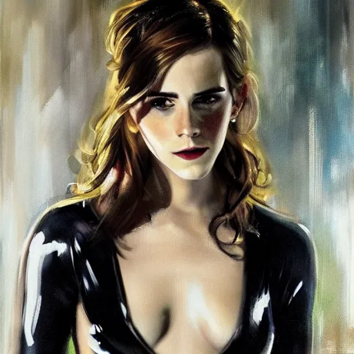 Image similar to close up of emma watson in latex, cinematographic shot, by daniel f. gerhartz