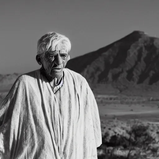 Image similar to award winning cinematic still portrait of 85 year old Mediterranean skinned man, short hair, in ancient Canaanite clothing crying holding a 22 year old Mediterranean skinned man, short hair, in ancient Canaanite clothing. Just before sunrise. Desert mountain background. sad, depressed, lonely, Biblical epic directed by Christopher Nolan