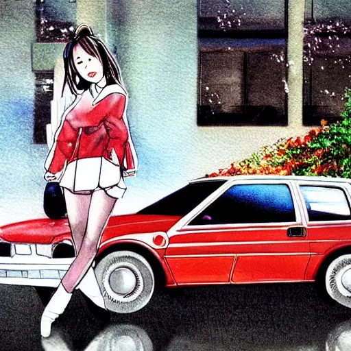 Image similar to a perfect, realistic professional digital sketch of two Japanese schoolgirls posing and 80s car, in style of Marvel, full length, by pen and watercolor, by a professional American senior artist on ArtStation, a high-quality hollywood-style sketch, on high-quality paper