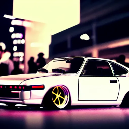 Image similar to a car S30 turbo drift at illegal car meet, shibuya prefecture, midnight mist streetlights, realistic colors, photorealistic, highly detailed wheels, highly detailed