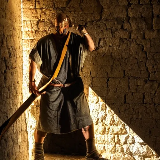 Image similar to award winning cinematic still of nighttime with 40 year old Mediterranean skinned man in Ancient Canaanite clothing fixing a ruined, crumbled wall in Jerusalem, holding a sword, dramatic lighting, nighttime, strong shadows, bold color contrast, action movie stills