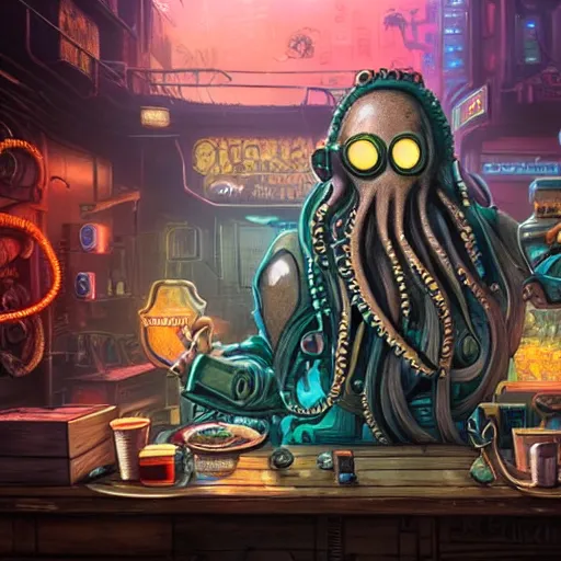 Image similar to a high quality portrait of octopus Davy Jones in a cyberpunk cyberpunk cyberpunk cafe, realism, 8k, award winning photo