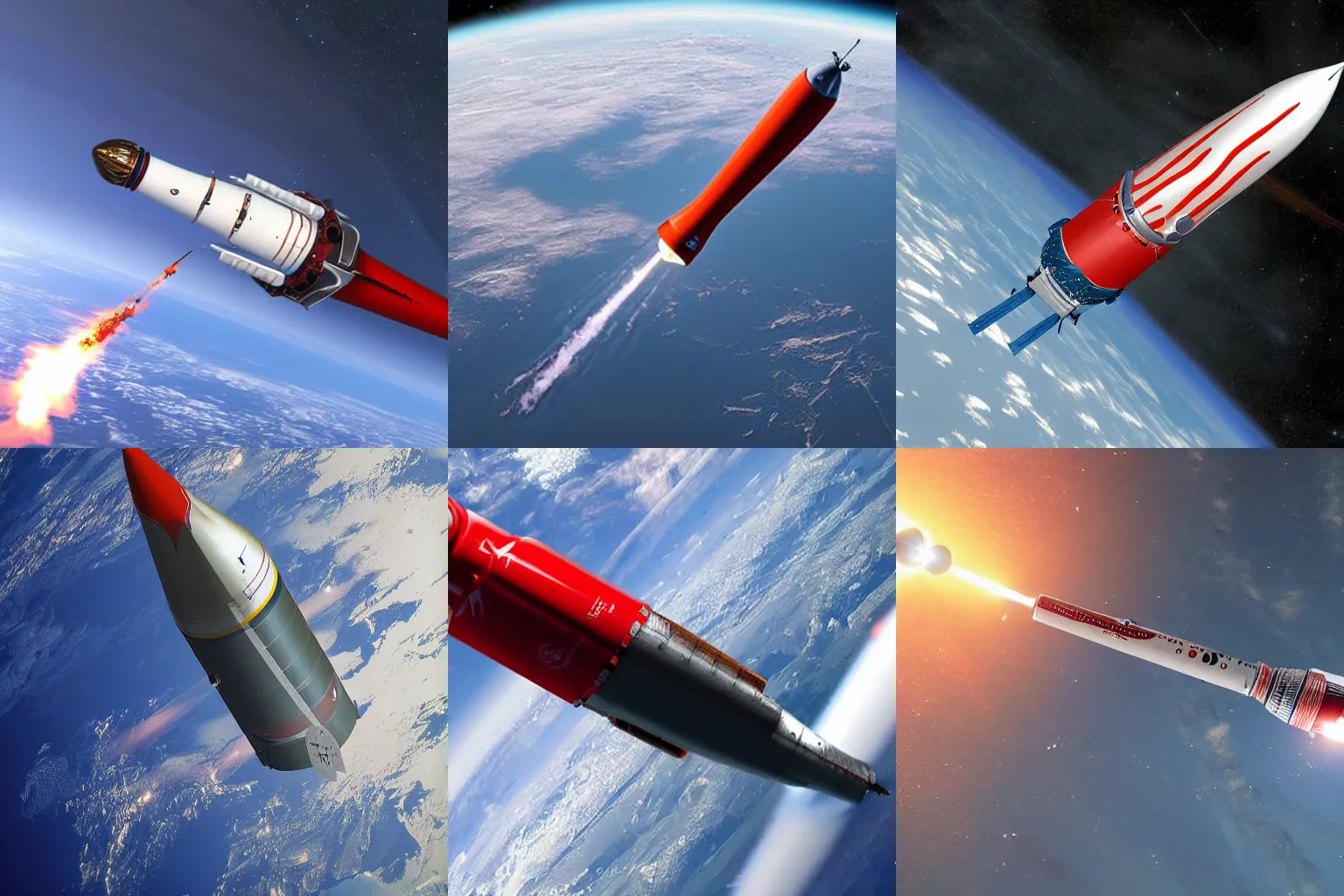 Prompt: Vostok rocket flying in space at Earh orbit, realistic photo