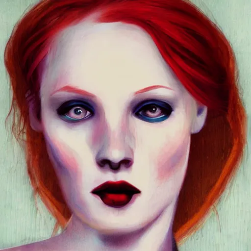 Image similar to portrait of a redhead woman by witkacy, mixed technique