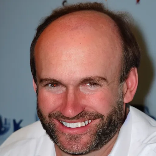 Image similar to color photograph of a balding, middle aged, brown haired, hairy, blue eyed, round faced, short white man dressed in a white shirt, smiling at the camera with perfect, straight white teeth