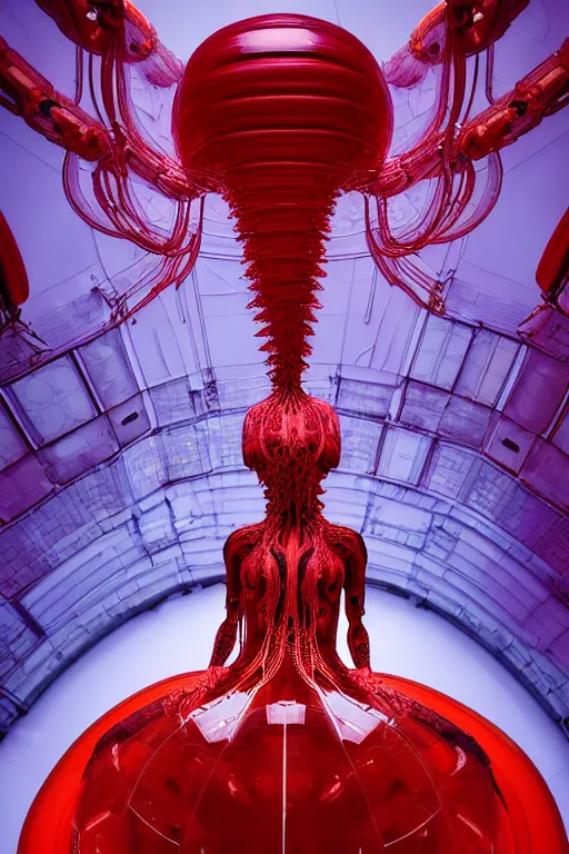 Image similar to background space station, red baroque inflateble dress iris van herpen positing on floor, helmet instead of a head, perfect symmetrical, full body shot, inflateble shapes, wires, tubes, veins, jellyfish, white biomechanical details, wearing epic bionic implants, masterpiece, intricate, biopunk, vogue, highly detailed, artstation, concept art