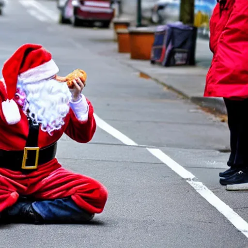 Prompt: homeless santa eating a donut he found on the sidewalk as bystanders watch confused