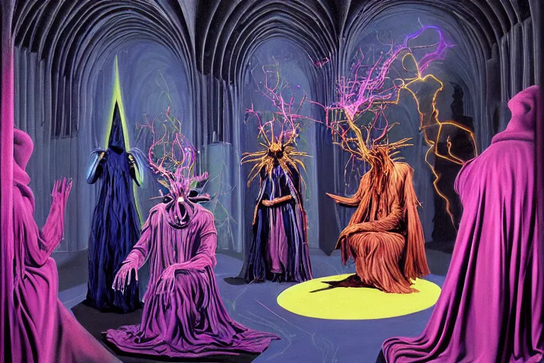 Image similar to a masterpiece painting in the laboratory of a technomancer wizard, in dazzle camouflaged robes, pointed hood, discussing sentience with his al djinn by remedios varo and anato finnstark and greg rutkowski and andy warhol and francis picabia. dayglo pink and blue, prismatic, pearlescent, raven black, glowing, hyperrealism, trending on artstation