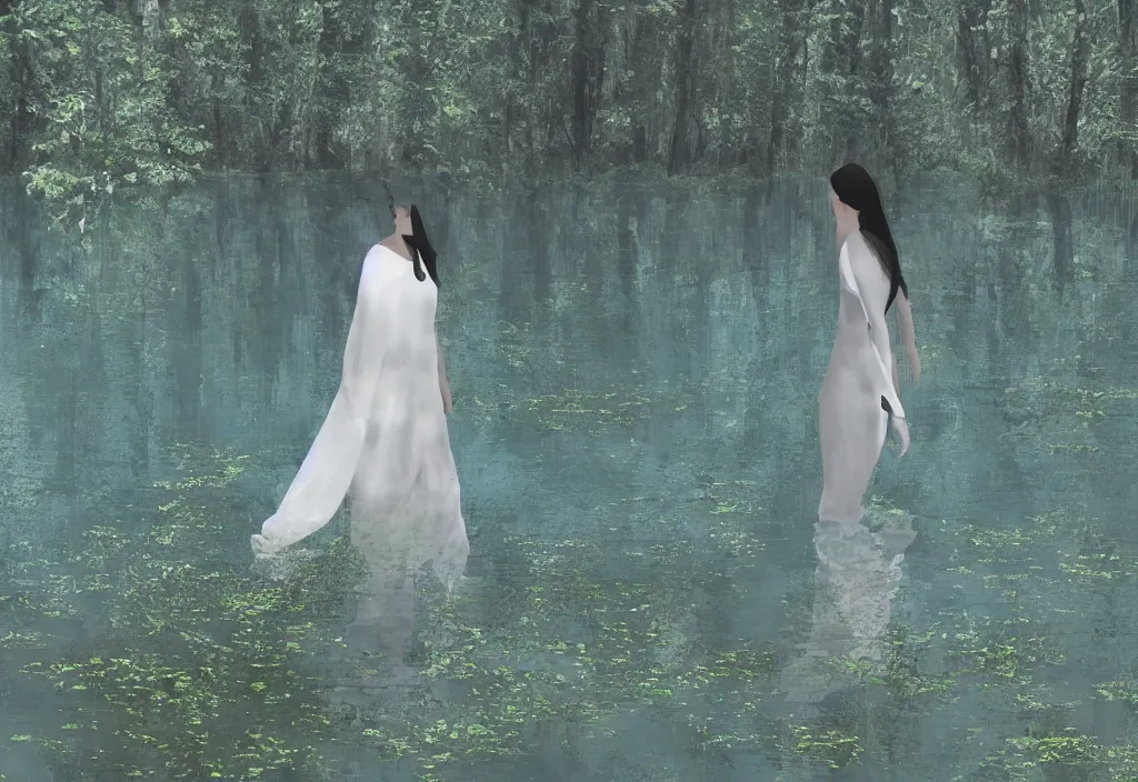 Image similar to digital art of a female figure walking in the middle of a lake wearing ethereal white clothing. lush nature. blue tint.