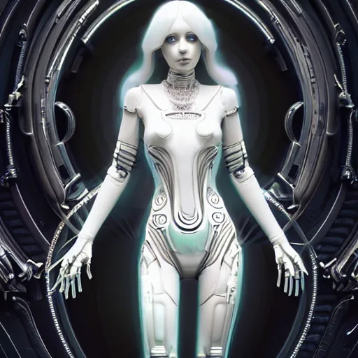 Image similar to symmetrical feminine cyborg goddess rendered in Cinema 4D and Octane and Unreal Engine 5, elegant cybernetic body and ornate futuristic outfit, glowing white neon eyes, platinum and obsidian flowing long hair, art by Artgerm, Beeple and Alphonse Mucha, hyperrealism, full body photogenic shot, digital render, cinematic lighting ornate earrings, 8k resolution, masterpiece work