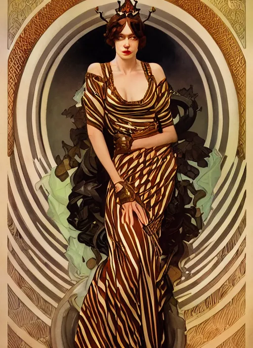 Prompt: leyendecker, brom, tiger striped high necked gown, lovely queen, portrait, long hair, small crown, feral languid woman, by greg rutkowski, anato finnstark, alphonse mucha, global illumination, radiant light