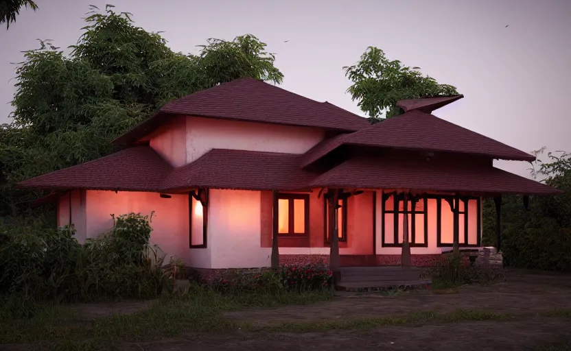 Prompt: a beautiful small assam type house at sunrise, guwahati, concept art, octane render, unreal engine 5, trending on artstation, high quality, 8 k, soft lighting, path traced, hyperrealistic, highly detailed, digital art, symmetrical, cinematic, high coherence, godrays