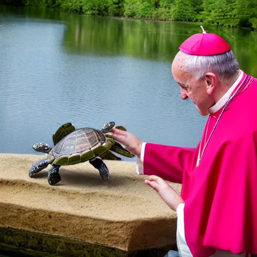Image similar to cute photo of Pope Francis blessing pond turtle, HD photography, Canon eos r3, 8k resolution