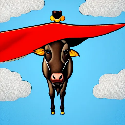 Image similar to digital art, trending on artstation, a cow wearing a cape flying in the sky with clouds