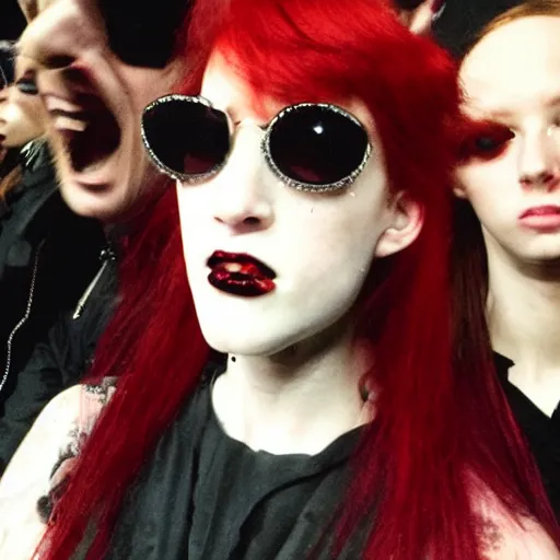 Prompt: A vampire with red hair taking a selfie at a Rick Owens show