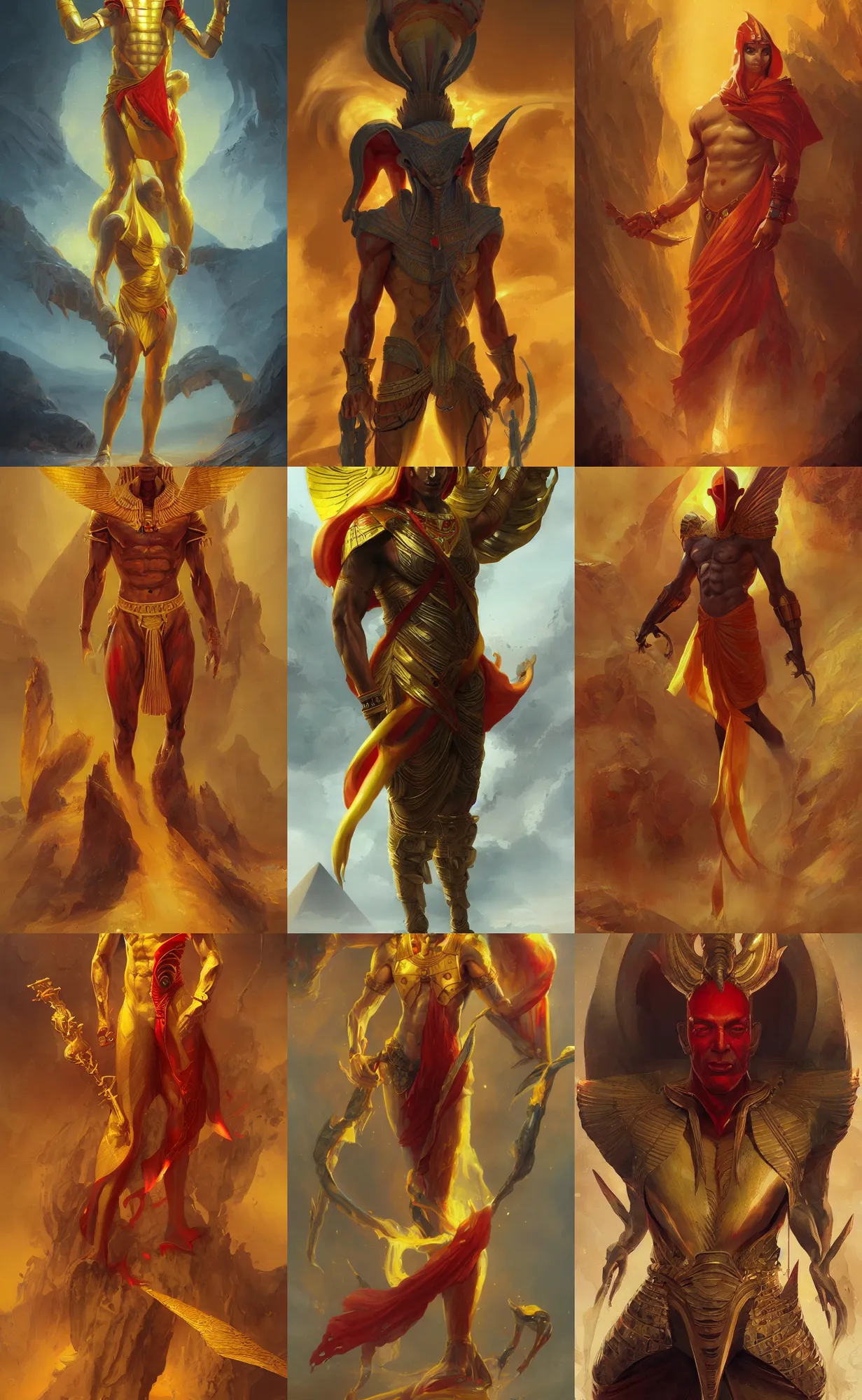 Prompt: yellow skin, red fire egyptian god, full body shot, black cloth, male, highly detailed, digital painting, artstation, concept art, sharp focus, illustration, orientalism, art by aleksi briclot and mohrbacher and raphael lacoste and magali villeneuve