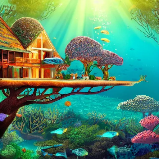 Image similar to fancy treehouse mansion built in coral underwater reef landscape with sunshine rays from above detailed luminescent magical realism 4 k painting