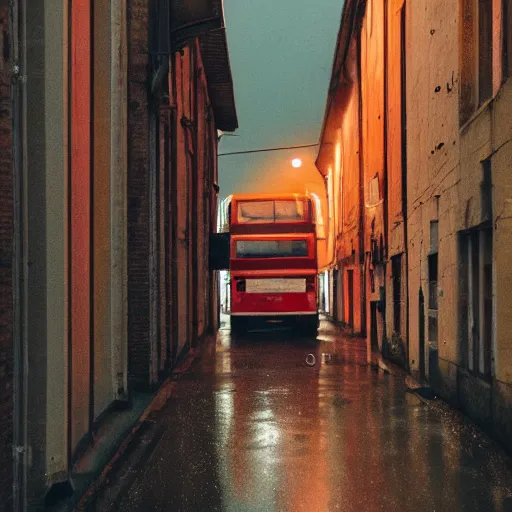 Image similar to 1990s perfect 8K HD professional cinematic photo of a bus in dystopian alleyway, at evening during rain, at instagram, Behance, Adobe Lightroom, with instagram filters, depth of field, taken with polaroid kodak portra