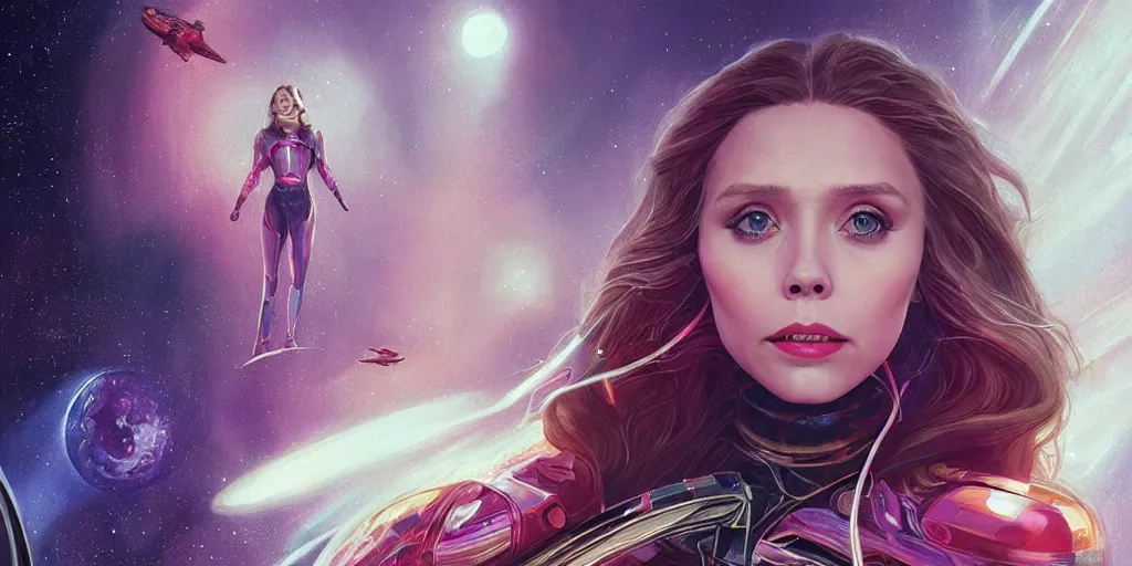 Image similar to Elizabeth Olsen as a stunning , beautiful retro SCI-FI space heroine 1985 , movie poster, intricate, elegant, highly detailed, centered, digital painting, trending on artstation, concept art, smooth, sharp focus, illustration, art by raphael lacoste ,eddie mendoza ,alex ross, WLOP