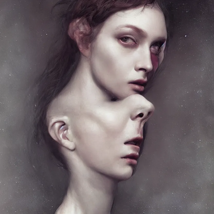 Image similar to stunning close up editorial portrait of one woman, symmetrical face, sci-fi skin, official prada editorial, beautiful pre-raphaelite portrait by charlie bowater, by Hendrik Kerstens, by Zhang Jingna, by norman rockwell, highly detailed