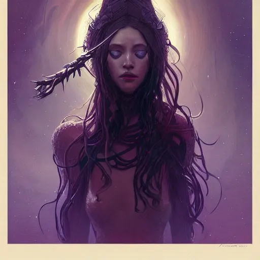 Image similar to a witch casting a spell, sci-fi, face, long hair, fantasy, intricate, elegant, highly detailed, digital painting, artstation, concept art, smooth, sharp focus, illustration, synthwave colors, faded effect, tranquil and calm, art by artgerm and greg rutkowski and alphonse mucha