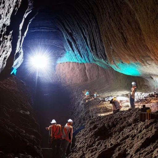 Image similar to photograph of workers mining for black opal in a large cavern, ethereal, shining rocks, award winning