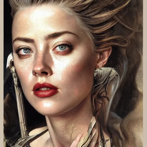 Prompt: Amber Heard, physically accurate, dramatic dynamic lighting, intricate, elegant, highly detailed, digital painting, artstation, very hyperrealistic, HR GIGER, Hieronymus Bosch, Francis Bacon, concept art, smooth, sharp focus, illustration, art by artgerm and greg rutkowski and alphonse mucha