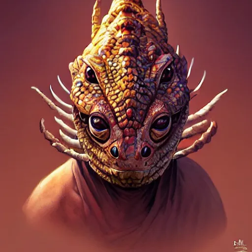 Prompt: beautiful natural iksar kobold lizard - man small stripes headdress karate monk, intricate, elegant, highly detailed, digital painting, artstation, concept art, smooth, sharp focus, illustration, art by artgerm and greg rutkowski and alphonse mucha and loish and wlop