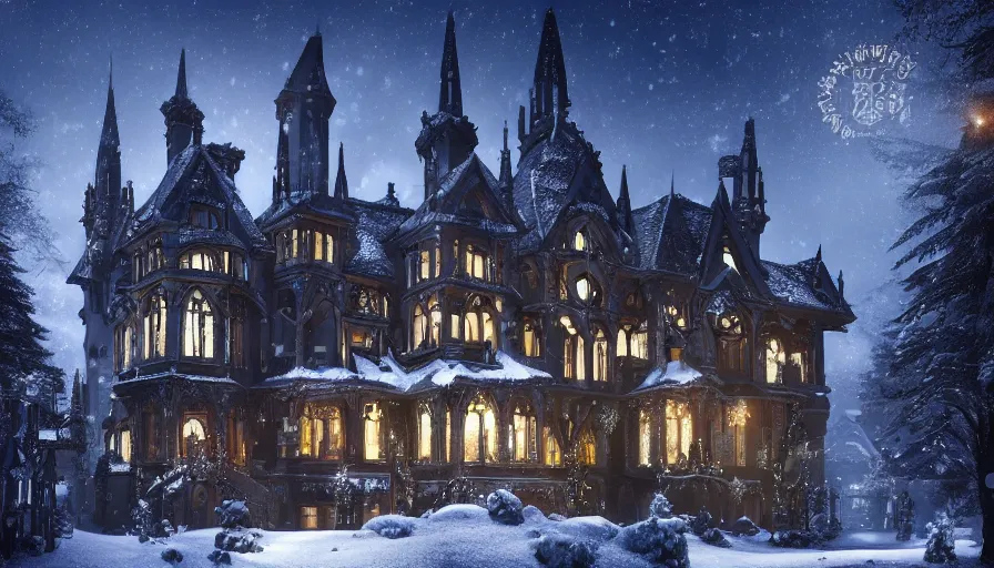 Image similar to Magnificent Neo-Gothic manor with Christmas lights built in the snow-caped mountains at night, hyperdetailed, artstation, cgsociety, 8k
