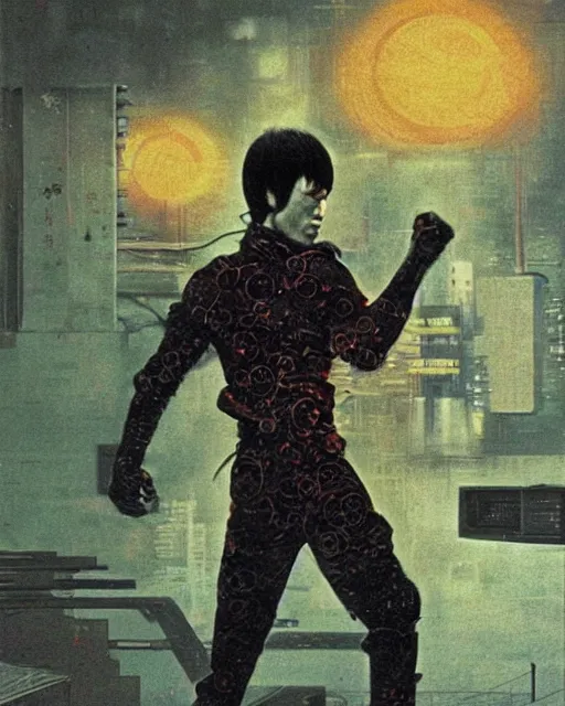 Image similar to bruce lee as a cyberpunk samurai, retrofuturism sci - fi old movie, highly detailed, photorealistic, 8 k, by beksinski and stalenhag