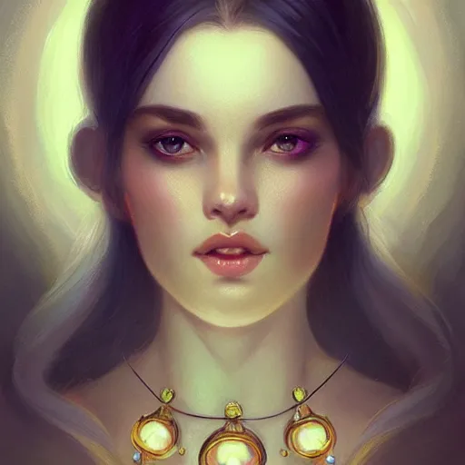 Image similar to ! beautiful female portrait, inner glow, symmetric face, flowing hair, moonlight, gemstone necklace, by wlop, by tom bagshaw, by gallen - kallela trending on artstation,