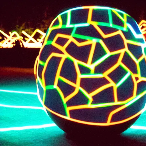 Image similar to tron dinosaur egg made up of glowing electric plates. cinestill