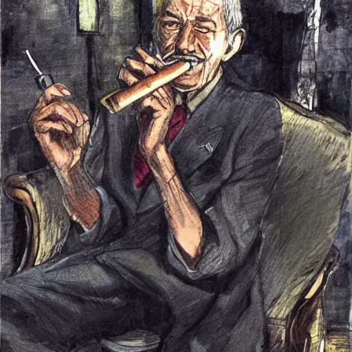 Image similar to old man and his cigar , Artwork by Akihiko Yoshida