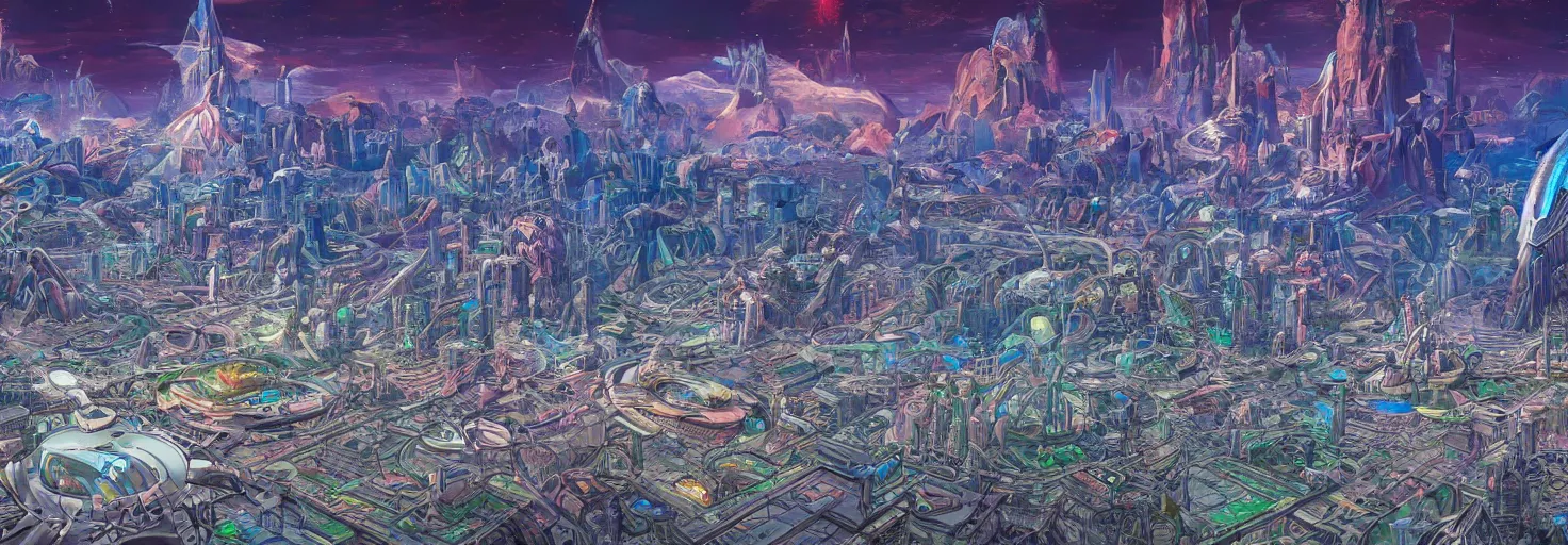 Image similar to beautiful landscape mural of a great advanced futuristic city in an alien planet, futuristic landscape, vivid colors, intricate, highly detailed, masterful, fantasy world, in the style of moebius, akira toriyama, jean giraud, 8 k, crystal clear illustration,