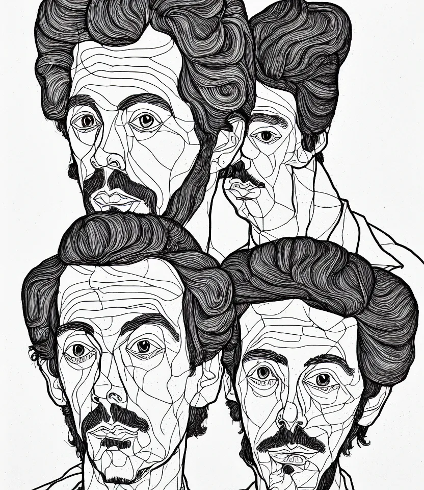 Image similar to detailed line art portrait of alan watts, inspired by egon schiele. caricatural, minimalist, bold contour lines, musicality, soft twirls curls and curves, confident personality, raw emotion