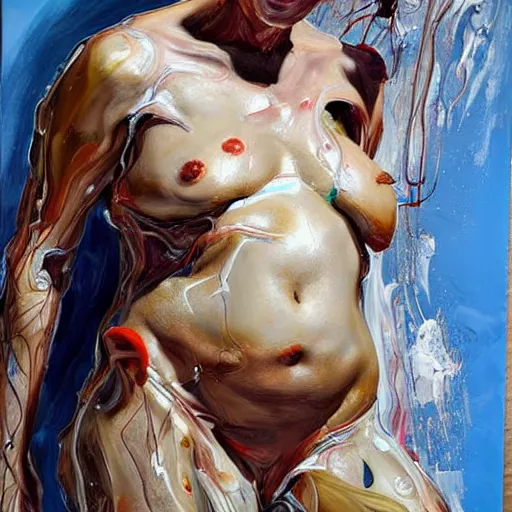 Prompt: body sculptures made with oil painting, dripping painting. Vr painting and buish strokes. By jenny saville