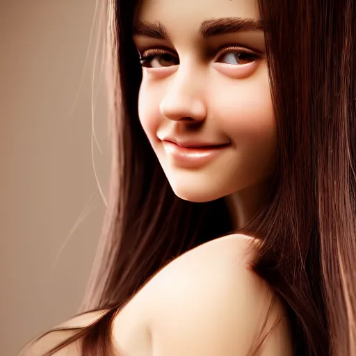 Image similar to beautiful portrait of a cute thin young woman, hyperrealistic full figure, athletic body, six pack, abs, concentrated look, cute smile, highly detailed, detailed face and eyes, long black hair, flushed face, blue eyes, golden hour, volumetric lighting, 8 k, portrait, 3 0 mm f 1. 8,