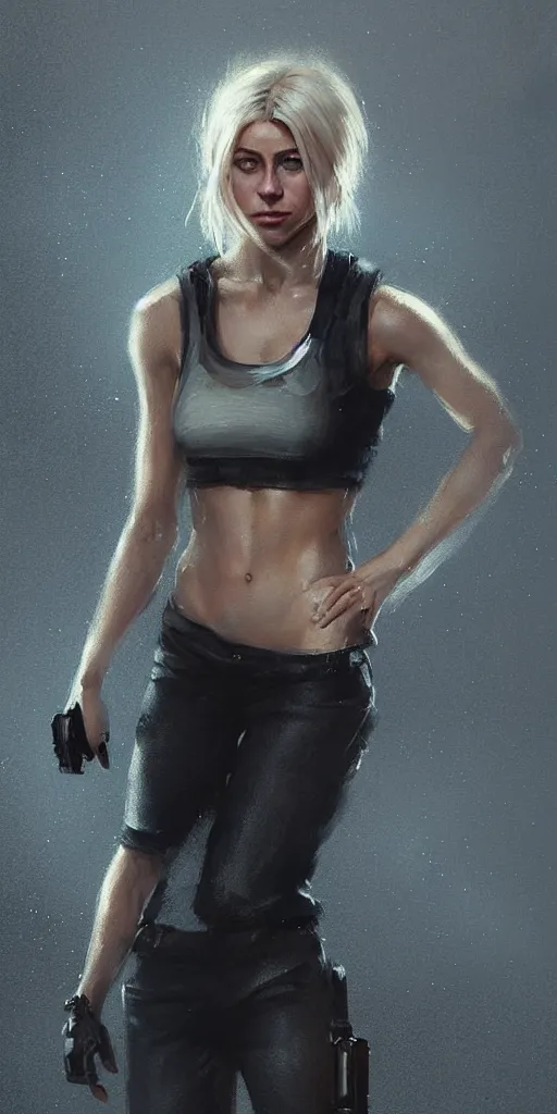 Image similar to portrait of julianne hough by greg rutkowski and wlop, a secret agent, wearing black shorts, wearing black boots, wearing a cropped top, blade runner, highly detailed portrait, digital painting, artstation, concept art, smooth, sharp focus ilustration, artstation, hq