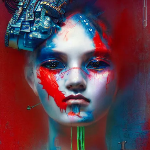 Prompt: cyberpunk geisha warrior by cy Twombly and BASTIEN LECOUFFE DEHARME, iridescent, red and blue, detailed fractal costum, high tech, circuit boards