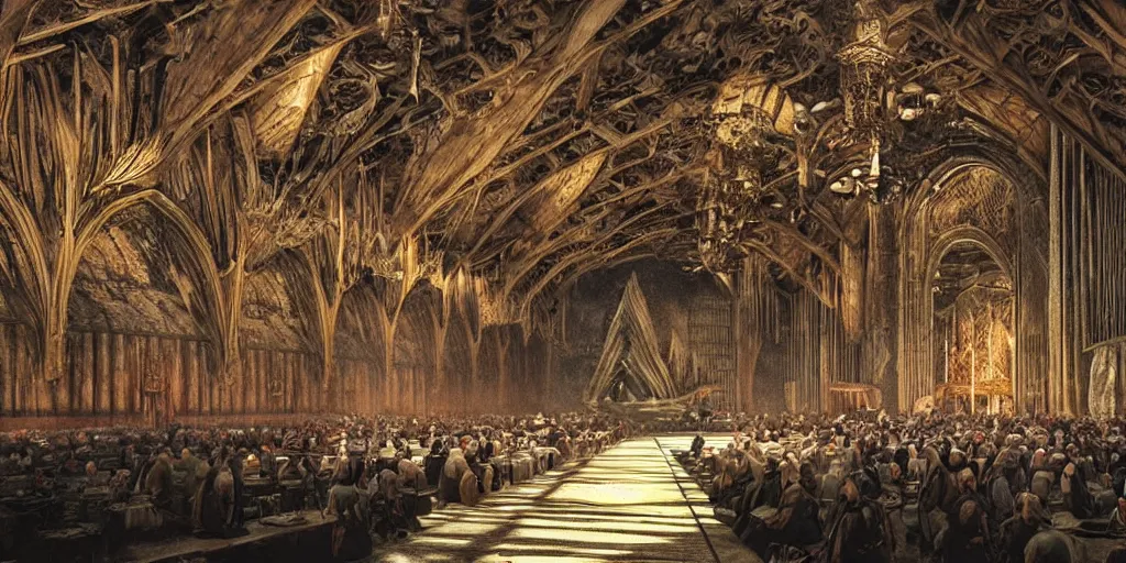 Prompt: The great hall of the king under the mountain. hyper realistic, lord of the rings