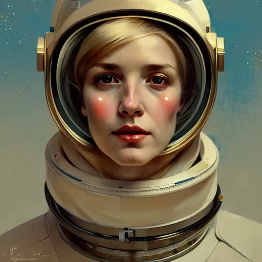 Image similar to A portrait of a blonde girl wearing a vintage sci-fi astronaut helmet, face, intricate, elegant, highly detailed, digital painting, artstation, concept art, smooth, sharp focus, illustration, art by Krenz Cushart and Artem Demura and alphonse mucha