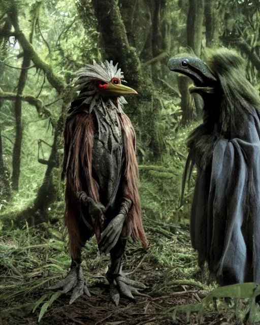 Image similar to two skeksis from the movie the dark crystal are discussing a plan in a forest