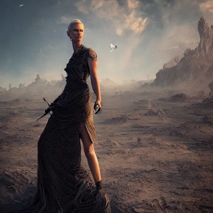 Image similar to Charlize Theron. intricate artwork. in black rock desert by Tooth Wu, wlop, beeple, dan mumford. octane render, trending on artstation, greg rutkowski very coherent symmetrical artwork. cinematic, hyper realism, high detail, octane render, 8k, iridescent accents