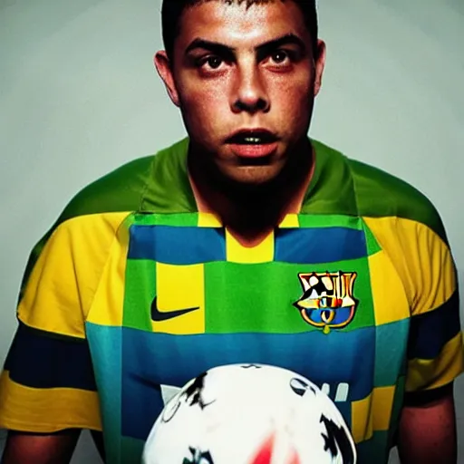 Image similar to ronaldo nazario fenomeno from fc barcelona, photograph by martin schoeller, 1 9 9 6