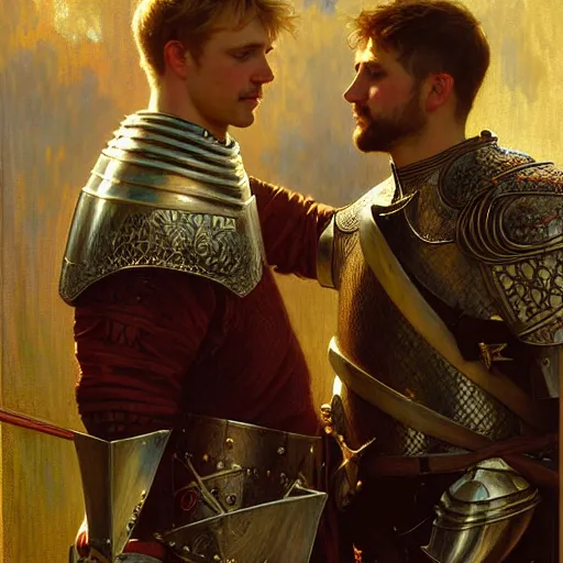 Image similar to attractive arthur pendragon and his attractive male knight, they are in love, natural lighting, path traced, highly detailed, high quality, digital painting, by gaston bussiere, craig mullins, alphonse mucha j. c. leyendecker